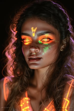 Portrait of a mystical fantasy bioluminescent neon woman. Glamorous fashionable lady. Glowing 
skin spot,  Glowing color,Glowing dots on face, neon lines on face, glowing multiple colour on eyeballs, 