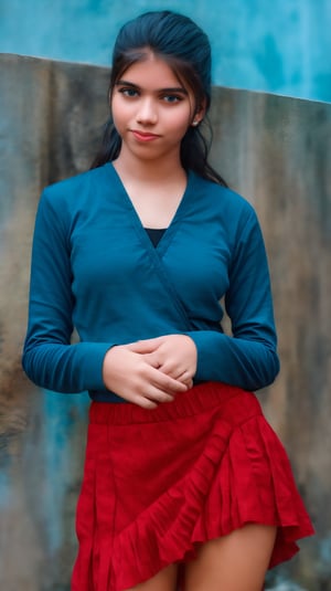 Captured from a high-angle perspective, a 16 yo women standstill . She is wearing a blue long-sleeved shirt, a red skirt, and a ring on her finger. Her hair is pulled ponytail, and she is wearing earrings in her ears. The backdrop is a rustic wooden wall, and the sky is a pale blue. The woman's expression is neutral, with a slight smile on her face.,sahana15,realhands