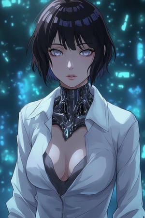 Huyuga hinata, Cyberpunk female android wearing a white shirt, ((The shirt is wet and transparent)),see-through clothes, A cybernetic body can be seen underneath, light reflecting off the mirrored mechanical body, short wavy brown hair, and piercing eyes. Mechanical neck and chest with intricate details. Futuristic background with holographic elements. Anime style, high-contrast lighting, detailed mechanical parts, elegant yet robot-like poses, and a sophisticated and mysterious atmosphere.