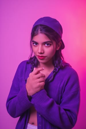 A photorealistic full-body portrait of a stunning 21yo hubggirl with perfect hands. She wears a vibrant purple sweater and double braids adorned with tiny earrings. Her shoulder-length purple hair is styled in intricate braids that cascade down her back. Her eyes are a deep, rich purple, framed by thick eyelashes and subtle makeup. A bold red lip color adds a pop of brightness to the overall gradient background, which transitions seamlessly from pink to purple. The subject's gaze is direct, with a hint of sassiness as she wears a trendy hat and sports a confident smile. Shut up, indeed!,Teenager 