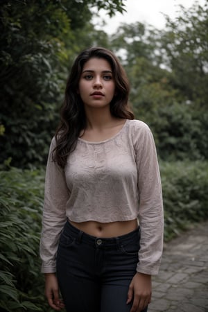 The image is a portrait of a woman positioned outdoors. The subject's attire and pose suggest a casual, possibly autumnal setting. The background, consisting of green foliage, provides a natural backdrop that contrasts with her warm-toned clothing. There is no explicit context provided within the image itself.