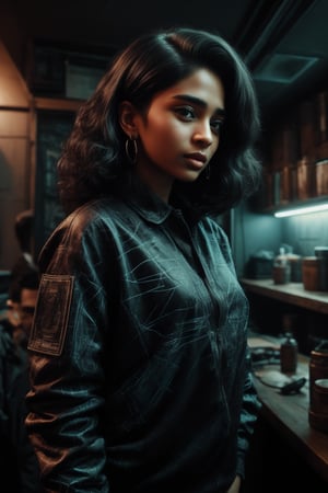 Cyberpunk, Neon glow, masterpiece, high resolution, best quality, 4k, plump face, 1girl, solo, beauty photo, amateur photo, 1girl, eye level, oversized button-up shirt, and hoop earrings, Teal-colored Flat ironed straight, stand pose in locker room,lighting,photorealistic,Curly girl ,redneonstyle,Rebecca ,Mallu girl ,Tamil girl, plump , cute, ,CyberpunkWorld