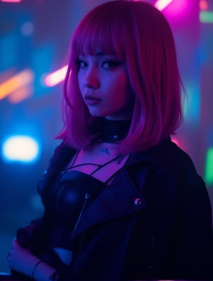 A cyberpunk women, realistic, details and enhanced image, beautiful,The atmosphere is fun and inviting, featuring colors like black, blue, dark blue, dark purple, gray, light green, purple, and orange. Neon lights in pink, blue, and green illuminate the space, creating a bokeh and Depth, captured in a cinematic style with a Sony A7R IV full-frame ceramic camera 