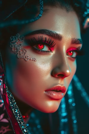 A hyper-realistic portrait of a stunning supermodel, featuring a beautifully detailed face with intricate. The image blends futuristic and traditional elements with a neo mode, avant-garde style, characterized by delicate and sleek lines, vibrant colors, and exquisite details. The model’s eyes captivate with complex colored irises, while her unique, crazy hairstyle adds to the surreal and mysterious charm. The overall composition is symmetrical and fluid, with an ethereal and timeless aura. The interplay of light and shadow enhances the high-fashion aesthetic, capturing the essence of cyberpunk and folklore in a visually striking and artistic statement,  Midjourney_Whisper,Details,Skin texture 