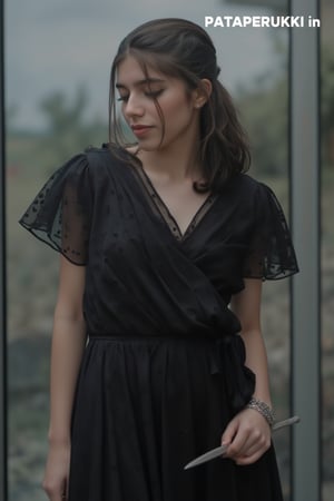 A medium-angle shot of a woman in a black dress, adorned with black polka dots, stands in front of a glass window. The woman's left arm is draped in a silver bracelet, while her right hand is holding a silver knife. The background is blurred, suggesting a natural setting. The text "PATAPERUKKI in" is written in a watermark in the upper right corner of the image.