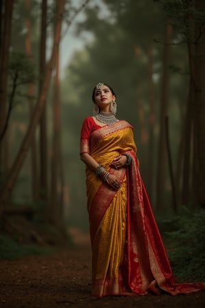 Traditional women bridel dress dimond cloth, rich, royal, traditional ornaments, traditional setup, The image is captured using a Fujifilm cinematic camera, with dramatic cinematic lighting enhancing the deep shadows and bright highlights. The scene is shot with a wide aperture, creating a shallow depth of field that blurs the forest background, making her the clear focal point. The camera angle is low, looking slightly upwards to give her an empowering, larger-than-life presence. The textures of the saree and her skin are rendered in high definition, with the soft, natural lighting adding a dreamlike quality to the image.