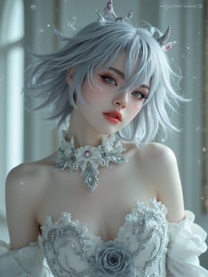 Silver perm hair, 27 year old Finnish girl, porcelain pale skin, subtle light, glossy red lips, delicate grey eyes with long white eyelashes, intense gaze, glowing pupils match her dress, which is completed by a gorgeous white silk costume decorated with an intricate grey rose pattern. A deep V-neck adds to the dramatic mood, and mysterious sparkling white particles float around, creating a magical atmosphere. The pure white wall with light shows the meticulous attention to detail, with every hair and dress's ornate decorations depicted in high definition in this highly realistic photograph. (Photorealistic: 1.4), (Masterpiece, Illustration-realistic: 1.1),Cosplay 