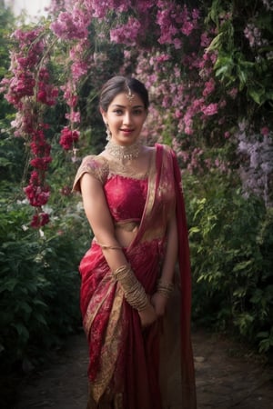 A stunning young woman in a traditional Indian national costume adorned with intricate embroidery and ornaments, beaming with a warm smile as she poses amidst the vibrant blooms of a botanical garden on a radiant sunny day. Her big eyes sparkle like diamonds against the soft, golden light, while the lush greenery and colorful flowers create a lush backdrop for her elegant beauty.