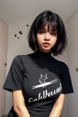 illustraion, aesthetically pleasing, 1girl, solo, slim, black hair, bobcut, bangs, black eyes, closed mouth, black shirt, short sleeves, turtleneck, upper body, standing up, realistic background, 18 years old girl, mallu 