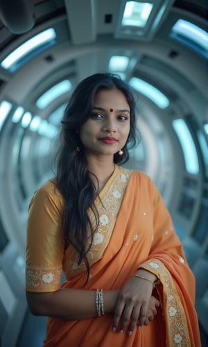 A stunning, realistic photography of a 25-year-old Malayali (Mallu) girl, white skin extreme white hair, radiating youthful beauty. She is dressed in traditional Indian attire, featuring a Kerala pattupavada—a beautiful, flowing Kerala gown—and a matching blouse. A delicately draped shawl (sholl) adds an elegant touch to her outfit, highlighting her cultural heritage.

The background contrasts with her traditional look, set inside a futuristic spacecraft with a Mars Effect game theme. The environment is filled with advanced technology, with holographic displays, sleek metallic surfaces, and soft neon lighting that creates an otherworldly ambiance. The lighting subtly illuminates her face, enhancing her natural beauty and creating a blend of old-world charm and futuristic aesthetics.

The overall composition focuses on her serene and graceful presence, emphasizing her traditional attire against the backdrop of a high-tech, space-age setting. This creates a captivating fusion of culture and science fiction, making the image both visually striking and unique.