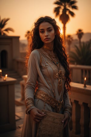 Real photography, cinematic, A beautiful priestess of ancient Mesopotamia looking at the viewer, adorned in a flowing linen gown with intricate gold and lapis lazuli jewelry, stands before ancient mesopotamian buildings at dusk. Her long, dark hair is braided with golden threads, and she holds a clay tablet inscribed with cuneiform symbols.  Torches flicker in the warm desert breeze. The sky glows with the setting sun, casting a deep orange hue over the landscape and illuminating the fertile crescent below. Palm trees sway in the distance,Yaskhi28