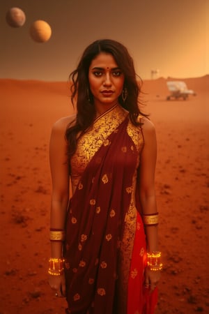 Mars Explorer in Traditional Attire
"A stunning Indian woman stands on the red, rocky surface of Mars, blending elements of her cultural heritage with futuristic technology. Mars rover near She wears a sleek saree, with glowing neon accents:1, customized to reflect traditional Indian motifs, such as intricate gold patterns and a sari-like drape over her shoulder. Her hair wave, mars effect, mars havy sand storm:1.4, revealing a radiant face with sharp, determined eyes. The harsh Martian environment contrasts with her beauty, while the backdrop features the dusty Martian landscape, distant planets, and a futuristic space colony on the horizon. The lighting is dramatic, with warm tones highlighting the red sands of Mars, creating a powerful, cinematic scene captured in ultra-realistic photography."

Details: face texture, perfect eyes, 5 finger on each hands, hair details, costume texture perfect, symmetry, Sharp background,