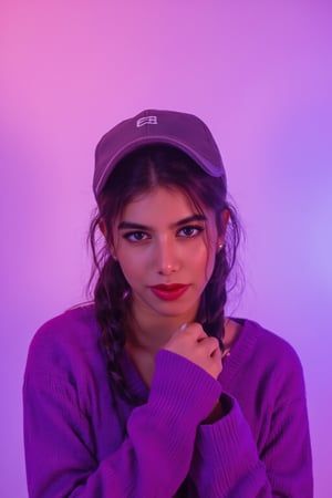 A photorealistic full-body portrait of a stunning 21yo hubggirl with perfect hands. She wears a vibrant purple sweater and double braids adorned with tiny earrings. Her shoulder-length purple hair is styled in intricate braids that cascade down her back. Her eyes are a deep, rich purple, framed by thick eyelashes and subtle makeup. A bold red lip color adds a pop of brightness to the overall gradient background, which transitions seamlessly from pink to purple. The subject's gaze is direct, with a hint of sassiness as she wears a trendy hat and sports a confident smile. Shut up, indeed!,Teenager 