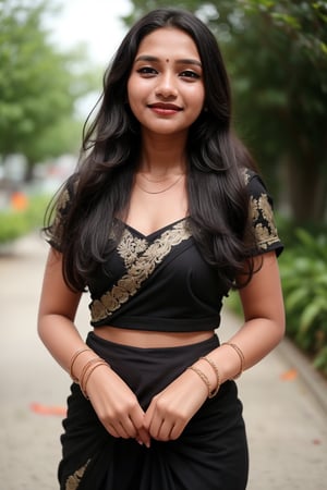 16 years old girl, solo, long hair, looking at viewer, smile, black hair, dress, saree , jewelry, standing, necklace, blurry, black dress, bracelet, realistic, dark skin 