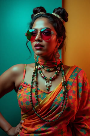 A stylish Mallu girl with a curvy, sexy figure poses confidently in a modern, non-traditional outfit adorned with traditional ornaments. She wears oversized, colorful sunglasses and a bold, patterned turtleneck that stands out against a teal and orange background, graded with cinematic color tones. The scene captures a complex, action-oriented pose reminiscent of cyberpunk themes from Blade Runner and The Matrix, set in a highly stylized, photorealistic CGI environment. The abstract, textured background adds a pop art flair with bold, vibrant colors, enhancing the modern, high-quality 32K masterpiece. Studio lighting accentuates every detail, bringing a mix of traditional elements and futuristic vibes together in this dynamic composition,xamala,Amala Paul