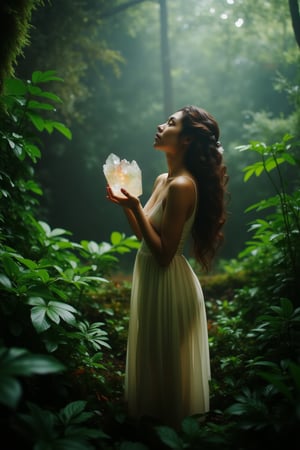 A serene and mystical scene unfolds: a crystal-wielding woman stands amidst a lush forest, her slender fingers grasping a glittering crystal orb. Soft, filtered sunlight casts dappled shadows on the forest floor, highlighting her gentle pose as she gazes upward, the crystal's facets reflecting the hues of the surrounding foliage.