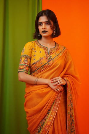 a woman dressed in a traditional Indian outfit stands in front of a vibrant orange backdrop. The woman's outfit is adorned with a yellow blouse, adorned with blue, red, and orange accents. She is wearing a pair of silver earrings, and a ring on her finger. Her hair is styled in a sleek bob, and her eyes are focused on the camera. She has a serious expression on her face, and she is wearing black lipstick. Her left hand is draped over her right shoulder, adding a touch of contrast to her outfit. The backdrop is a combination of green and orange, creating a striking contrast to the woman's body.,Payal