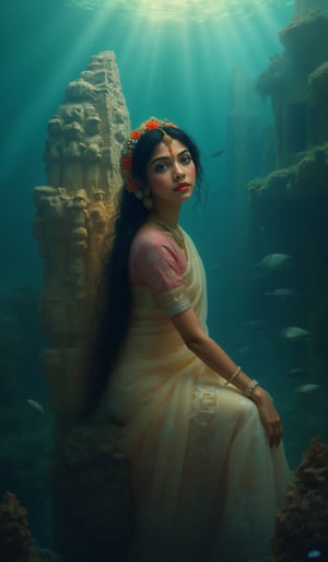 Deep beneath the sea lies a Kerala city submerged for centuries. At the center of this underwater kingdom, a girl with striking, expressive eyes sits on a grand throne carved from coral, her face illuminated by soft beams of light from above. Her facial features are delicate yet regal: high cheekbones, a small, sharp nose, and full lips painted with a hint of coral red. Her traditional Kerala saree, shimmering with silver and gold accents, drifts gently in the water, as her long, flowing hair cascades down her shoulders like dark waves. She wears a crown made of seashells and pearls, and her jewelry glimmers in the dim light. Surrounding her are the remnants of Kerala architecture, overtaken by marine plants, while schools of fish and sea turtles glide past, adding life to the ancient ruins.
A sprawling Kerala city lost to the ocean, its once-bustling streets and grand palaces now silent and submerged. The city’s architecture, with its iconic tiled roofs and wooden structures, is still recognizable, though covered in coral, barnacles, and sea plants. Large stone temples, adorned with elaborate sculptures of deities, stand partially collapsed,
