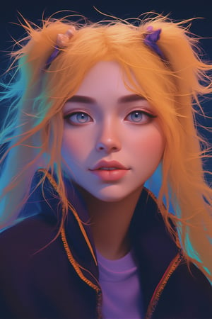 1girl, solo, long hair, looking at viewer, smile, blue eyes, blonde hair, hair between eyes, twintails, fur trim, 3 line facial mark on cheeks, genderswap, genderswap \(mtf\), zipper, whisker markings, uzumaki naruto

The atmosphere is fun and inviting, featuring colors like black, blue, dark blue, dark purple, gray, light green, purple, and orange,Details ,Texture ,32k,HD ,Eyes details ,Face details 