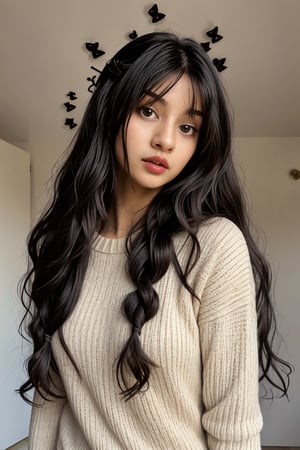 1girl, solo, long hair, hair is so long head to hip black hair, braid, black eyes, twin braids, sweater, lips, realistic , very long hair, thick twin bride hair, brown hair, 