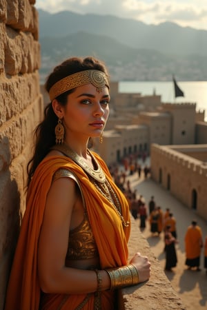 ultrarealistic photography, A resolute Mycenaean queen, draped in a finely woven tunic of saffron-dyed linen and a golden diadem engraved with Minoan spirals, stands on the battlements of her citadel as an enemy army approaches the fortified walls of her city. Behind her, towering cyclopean walls, built with massive limestone blocks, protect the ancient city of Mycenae. Warriors in bronze armor, wielding shields and spears, stand ready for battle. The queen’s gaze is fixed on the distant sea, where ships with black sails signal the coming of invaders. Around her, the rich culture of Mycenaean Greece is evident—the frescoes on the palace walls depict scenes of battle and ritual, and the throne room glows with the faint flicker of oil lamps as her advisors strategize. The sky above is darkening, the air thick with tension, as the last light of day illuminates the mountains that cradle her kingdom.,JoeyKingFlux