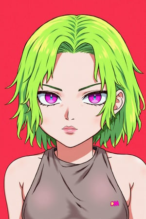 anime,BREAK, Vibrant pastel colors, limited_palette, restricted_palette, 1girl, smug, piercing neon eyes, Neon, magazine_cover, bright lime green hair, flat red background, head_tilt, heterochromia,xamala