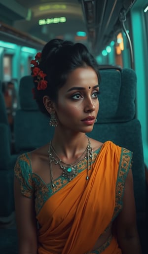 A beautiful mallu women in a train,  morden dress, futuristic atmosphere, realistic  raw photo, details, 32k, cinematic color grading, skin texture, Teal and orange color lighting 