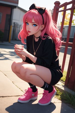 Captured from a low-angle perspective, a girl stands in front of a red fence. The girl is dressed in a black and pink outfit, adorned with a pink bow on her head. Her hair is a vibrant shade of pink, adding a pop of color to the scene. Her eyes are a piercing blue, and her lips are a darker shade of blue. Her hands are clasped in her hands. She is wearing a black necklace with a white pendant. Her socks are adorned with black laces that are tied in a bow at the bottom. The background is blurred, creating a vibrant contrast to the girl 