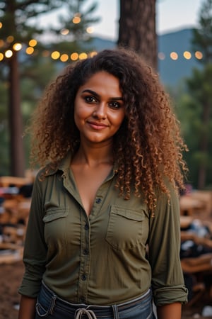 Generate an image of a stunning 38-year-old women, blending Black and Spanish heritage. She has fluffy curly golden brown hair, Type 4 hair, lush and vibrant, falling in loose waves down her back.

Setting:
- Outdoor: A serene mountain campsite at dusk, mountain view
- Soft, warm lighting with subtle shadows and twinkling string lights
- Tall trees surrounding a cozy clearing, with a crackling campfire and rustic wooden benches
- Camping gear and equipment subtly integrated into the scene

Physical Description:
- Fair skin with a subtle, sun-kissed glow
- Bright, expressive hazel eyes
- olive, dark Italian skin

Outfit:
- Comfortable, green earth-toned camping shirt (flannel or fleece)
- Practical hiking pants or leggings
- Warm, cozy cardigan 
- Sturdy hiking boots

Style:
-Effortless, coastal chic
- Confident, carefree, innocent pose

Mood:
- Serene, joyful, and radiant
- Capturing the essence of a relaxed summer afternoon
Inspired by singer Tyla's vibrant energy and style, create a breathtaking image that embodies beauty, elegance, and a laid-back coastal vibe.