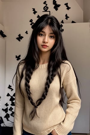 1girl, solo, long hair, hair is so long head to hip black hair, braid, black eyes, twin braids, sweater, lips, realistic , very long hair, thick twin bride hair, brown hair, 