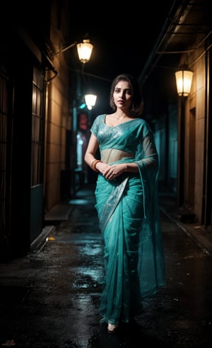 Mid shot, In a dark alleyway, neon tubes casting a futuristic glow on wet pavement, a stunning 28-year-old woman stands confidently, half of her body clad in a head-to-hip transparent saree that glistens under Tron-like lights. Electric blue and fiery orange hues dance across her features as she poses, the saree's intricate patterns reflecting off her toned skin like a digital canvas.