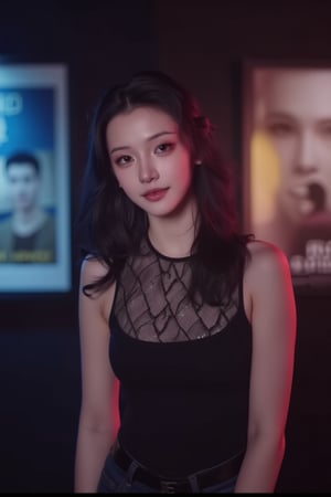  A young woman stands confidently against a movie poster backdrop, her gaze directed straight at the camera, exuding an air of confidence and allure, She wears a black top with a lace pattern, her features softly highlighted by even lighting, Off-center placement draws the viewer's eye towards her, while a subtle hint of a man in the background adds depth to the scene, The movie poster suggests a possible movie theater setting, 