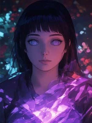 A lifelike cinematic image of Hyuga Hinata in a traditional saree, rendered with stunning detail. Her pale eyes glow softly as purple chakra flows from her body, swirling gently around her. The shot, captured on an ARRI Alexa XT camera, is illuminated by teal and red lighting, creating a striking visual effect. The teal light highlights her traditional attire, while the red light casts a dramatic glow on her face. The chakra energy enhances the mystical atmosphere, making the scene feel powerful and serene at the same time.
