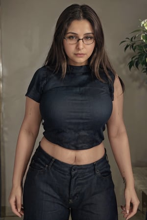 1girl, Kashmiri beautiful women 36 years old, solo, long hair, brown hair, shirt, t  shaped navel, outdoors, pants, sandals, denim, jeans,  photo background,36year old, big eye glasses, twin tail ponytail:2, braided hairThis breathtaking photograph, shot on a Canon 1DX with a 50 mm f/2.8 lens, beautifully showcases the raw and authentic beauty of life. high resolution 8k image quality,T shape navel 