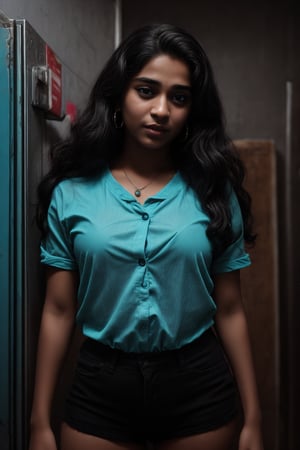 Cyberpunk, Neon glow, masterpiece, high resolution, best quality, 4k, plump face, 1girl, solo, beauty photo, amateur photo, 1girl, eye level, oversized button-up shirt, and hoop earrings, Teal-colored Flat ironed straight, stand pose in locker room,lighting,photorealistic,Curly girl ,redneonstyle,Rebecca ,Mallu girl ,Tamil girl, plump 