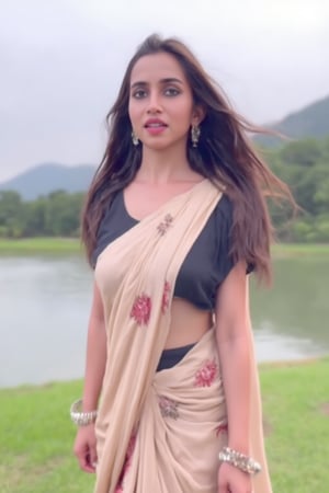 (best quality, highres, ultra-detailed:1.2), eye-level capture, cloudy day, a woman dressed in a cream-colored saree with black designs, standing in front of a body of water, wearing a black blouse, long dark brown hair flowing, white bracelets on her wrists, her saree draped over her left shoulder, a white sari tied around her waist adorned with red designs, adding a pop of color, blurred backdrop with trees and a mountain in the distance, soft natural lighting, realistic textures.
