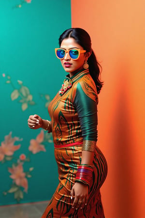 A stylish Mallu girl with a curvy, sexy figure poses confidently in a modern, non-traditional outfit adorned with traditional ornaments. She wears oversized, colorful sunglasses and a bold, patterned turtleneck that stands out against a teal and orange background, graded with cinematic color tones. The scene captures a complex, action-oriented pose reminiscent of cyberpunk themes from Blade Runner and The Matrix, set in a highly stylized, photorealistic CGI environment. The abstract, textured background adds a pop art flair with bold, vibrant colors, enhancing the modern, high-quality 32K masterpiece. Studio lighting accentuates every detail, bringing a mix of traditional elements and futuristic vibes together in this dynamic composition