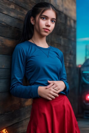 A teenage girl stands still against a rustic wooden wall with a pale blue sky in the background. She is wearing a blue long-sleeved shirt and a red skirt, accessorized with a ring on her finger and earrings in her ears. Her sleek, ponytailed hair is neatly styled, and her neutral expression carries a hint of a subtle smile. The image features cinematic color grading with Matrix movie color tones, enhanced with Tron Legacy movie style. The scene has a neon atmosphere, with a futuristic gadget in view, creating the look of a game character.
