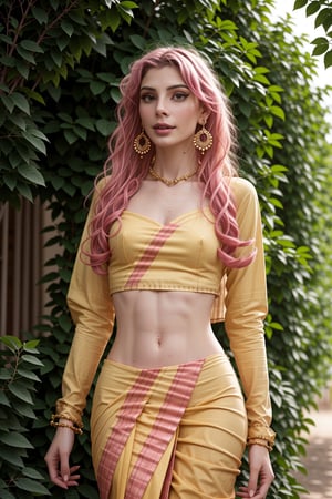 Saree, 1girl, solo, yellow saree, long hair:2, pink hair, long sleeves, dress, jewelry, earrings, outdoor, realistic, This breathtaking photograph, shot on a Canon 1DX with a 50 mm f/2.8 lens, beautifully showcases the raw and authentic beauty of life. high resolution 8k image quality, saree ,sari,CyberpunkWorld,Indian,<lora:659111690174031528:1.0>