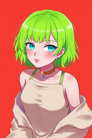 anime,BREAK, Vibrant pastel colors, limited_palette, restricted_palette, 1girl, smug, piercing neon eyes, Neon, magazine_cover, bright lime green hair, flat red background, head_tilt, heterochromia,xamala