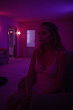 cinematic, A young woman with blonde hair sits in a dimly lit room, illuminated by soft purple and pink lighting. She gazes thoughtfully into the distance, with a bokeh of lights in the background, creating an intimate and contemplative atmosphere., film grain, Short telephoto focal length, shot on ALEXA 65,30yo