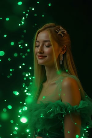 A very bad yet beautiful and charming woman with closed eyes, standing in a black background. She has golden silky hair, luxurious jewelry hairpins, and super gorgeous clothes with a fashionable hairstyle. One hand is on her waist, and she exudes an elegant and friendly smile, looking down at the camera with an unmistakable smile. The light scene features a partially blurred background, highlighting her stunning appearance. Green particles of wavelengths surround her, glowing beautifully and floating in the air. The image is a stunning and attractive masterpiece with 128K resolution, showcasing detailed textures.