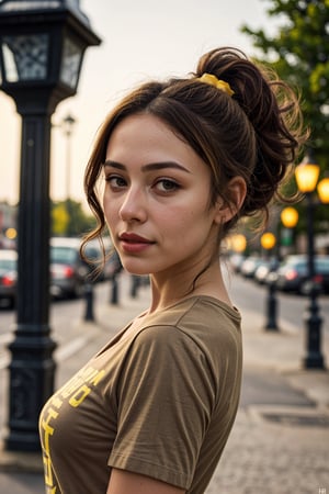 Hourglass figure, masterpiece, best quality, 1girl, solo,  ponytail, mallu, t-shirt, happy, outdoors, street, lamppost, hair bow, (pretty girl:1.2), realistic, raw photo, low key, illustration, small eyes, (yellow brown hair:1.3),photorealistic, 21 years old female, ,HKFace