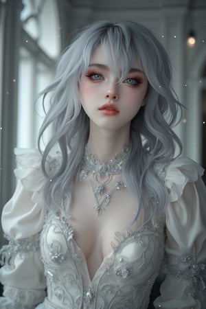 Silver perm hair, 27 year old Finnish girl, porcelain pale skin, subtle light, glossy red lips, delicate grey eyes with long white eyelashes, intense gaze, glowing pupils match her dress, which is completed by a gorgeous white silk costume decorated with an intricate grey rose pattern. A deep V-neck adds to the dramatic mood, and mysterious sparkling white particles float around, creating a magical atmosphere. The pure white wall with light shows the meticulous attention to detail, with every hair and dress's ornate decorations depicted in high definition in this highly realistic photograph. (Photorealistic: 1.4), (Masterpiece, Illustration-realistic: 1.1),Cosplay 