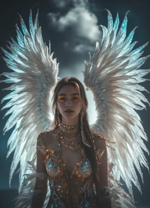 full body shot, young angel woman with yellow detailed eyes and long hair in gold jewelry, big white wings, light painting, futuristic digital, realistic sci-fi, lights, gold detailed dress, gold lashes, diamond, ethereal, misty, holographic, sky with white clouds on background,glitter,Midjourney_Whisper