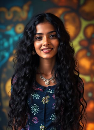 Capture a masterpiece of photography featuring a stunning girl with long, curly black hair (1.1) and intricate details in her school uniform, complete with a miniskirt and random colors. The scene is set in front of a striking fractal pattern (abstract) that creates a sense of depth and dimensionality. Professional HDR lighting (8k UHD RAW photo) casts a cinematic glow, accentuating the subject's features while also capturing the subtle play of iridescent lighting on her skin. Jewelry (1.4) adorns her neck, drawing attention to her radiant smile as she faces the viewer directly. The image is rendered in breathtaking detail, with every curl of hair and fold of fabric meticulously captured. Apply a realistic LUT for a true-to-life representation.,SH,Yakshi28 