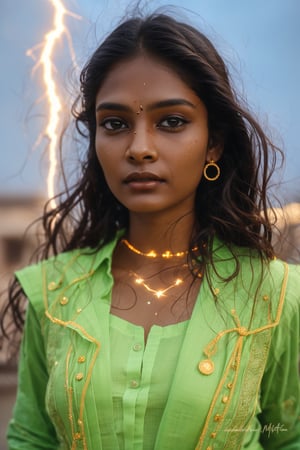 A young and fashionable Kerala woman is standing in a square in a metropolis. Behind the woman, a bolt of lightning struck straight towards the ground,close_up,cowboy_shot,Neon,Face,Glow,lightning,(lightning),(lightning background),thunder,lightning bolt