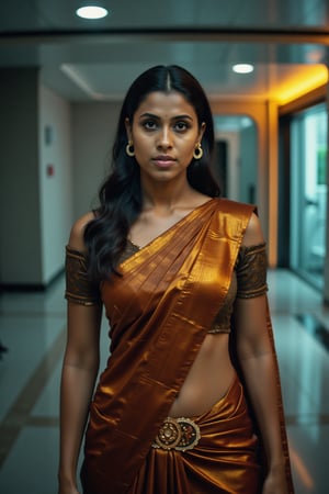 Tron legacy movie style, A stunning portrait of a 25-year-old woman wearing a saree, captured with a Canon 1DX and 50mm f/2.8 lens. The framing of the shot emphasizes her curves as she poses confidently, navel exposed. Soft, natural lighting accentuates her features, while the high-resolution image quality reveals intricate details in the fabric of her attire.,Girl25yo,Futuristic,XChrisx