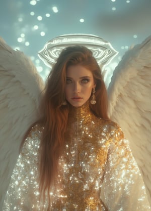 full body shot, young angel woman with yellow detailed eyes and long hair in gold jewelry, big white wings, light painting, futuristic digital, realistic sci-fi, lights, gold detailed dress, gold lashes, diamond, ethereal, misty, holographic, sky with white clouds on background,glitter,Midjourney_Whisper