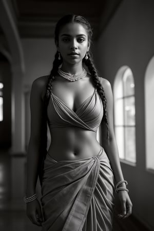 In a flower grand, a 28-year-old woman with braided hair stands solo-focused in front view, her stunning saree flowing from her navel. The camera captures the sultry shot as she confidently showcases her curvy figure. Her braided hair tail fall down to hip,  A pearl necklace adorns her neck, complemented by dangling earrings and a bracelet that catches the light. Her lips pout slightly,Saree